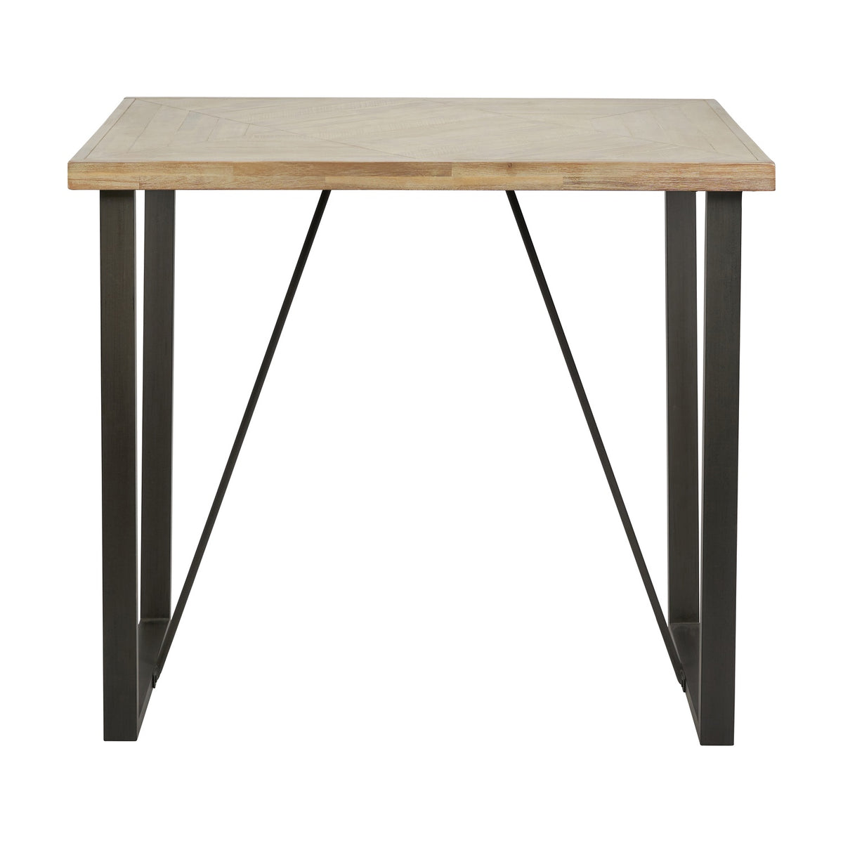 Marca bar dining table with a sand wash acacia wood top and angled black iron legs, shown on a plain white background.