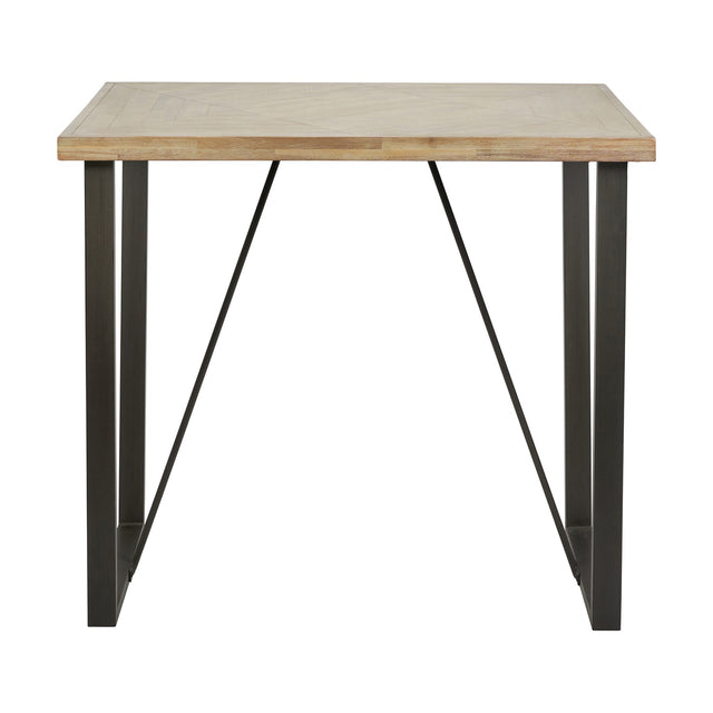 Marca bar dining table with a sand wash acacia wood top and angled black iron legs, shown on a plain white background.
