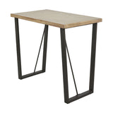 Marca bar dining table with sand wash acacia wood top and angled black iron legs with cross-bar supports, shown on a plain white background.