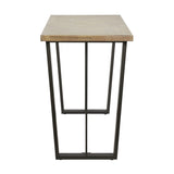 Marca sand wash acacia bar dining table, 107cm, with rectangular wood top and black iron trapezoid legs, shown against a plain white background.