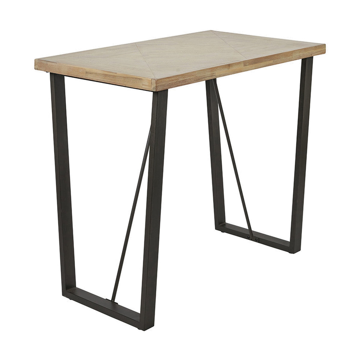 Marca bar dining table with sand wash acacia wood top and angled black iron legs featuring diagonal braces, shown on a plain white background.