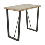 Marca bar dining table with sand wash acacia wood top and angled black iron legs featuring diagonal braces, shown on a plain white background.