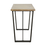 Marca Sand Wash Acacia & Black Iron Bar Dining Table, 107cm, side view showing tapered black metal legs and a light wood tabletop with visible grain, on a plain white background.