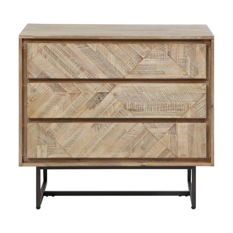 Marca 3 drawer chest in sand wash acacia wood with a herringbone parquet front, black iron angled legs, on a plain white background.