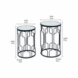 Caprisse Set of 2 side tables with round mirrored glass tops and graphite iron geometric frames, shown with dimensions on a white background.