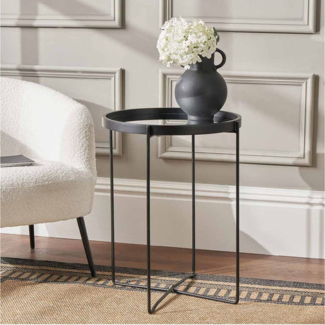 Voss Mirrored Glass & Black Wood Veneer Side Table - 60cm