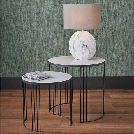 Atri Set of 2 White Marble Veneer & Black Iron Side Tables - 55cm