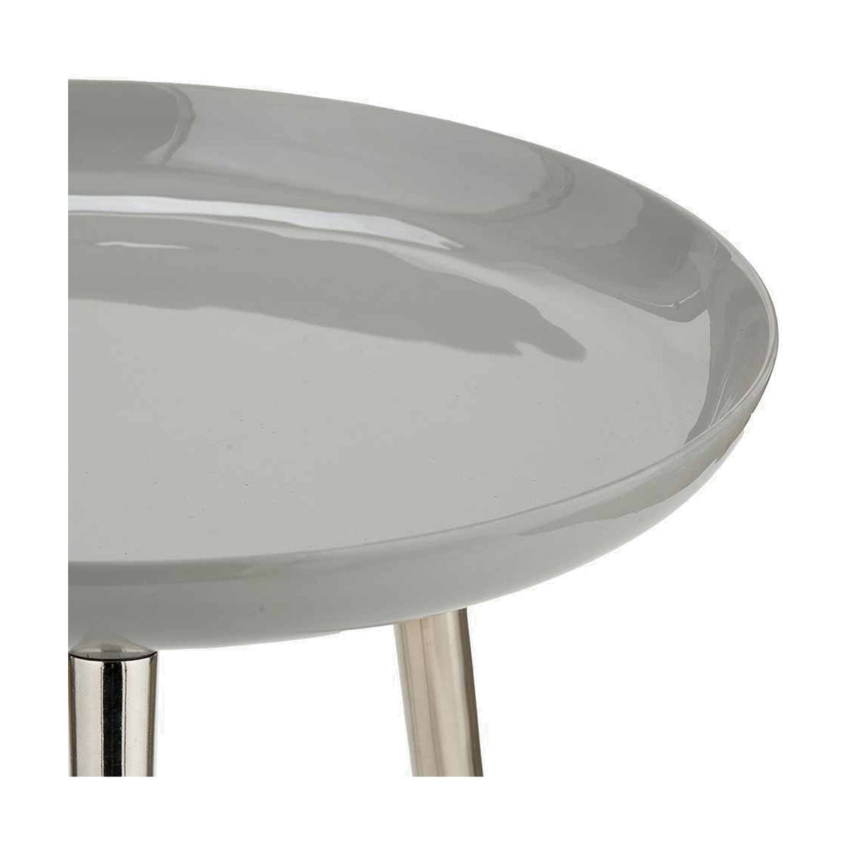 Close-up of the Seline Grey Enamel & Silver Aluminium Side Table showing the glossy grey enamel tabletop edge and slim silver aluminium legs.