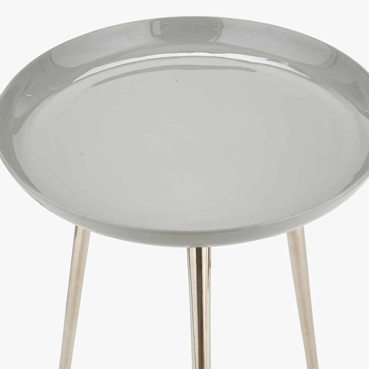 Close-up of the Seline Grey Enamel & Silver Aluminium Side Table, 58cm, showing the round glossy grey top and slender silver metal tripod legs against a plain white background.