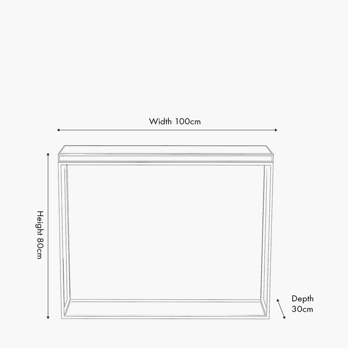 Line drawing of the Elysee console table showing a rectangular silver metal frame with mirrored glass top, labelled 100cm width, 80cm height, and 30cm depth.