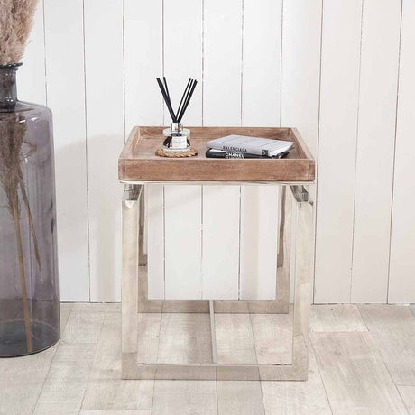 Evelyn Natural Antique Finish Mango & Silver Metal Side Table - 55cm
