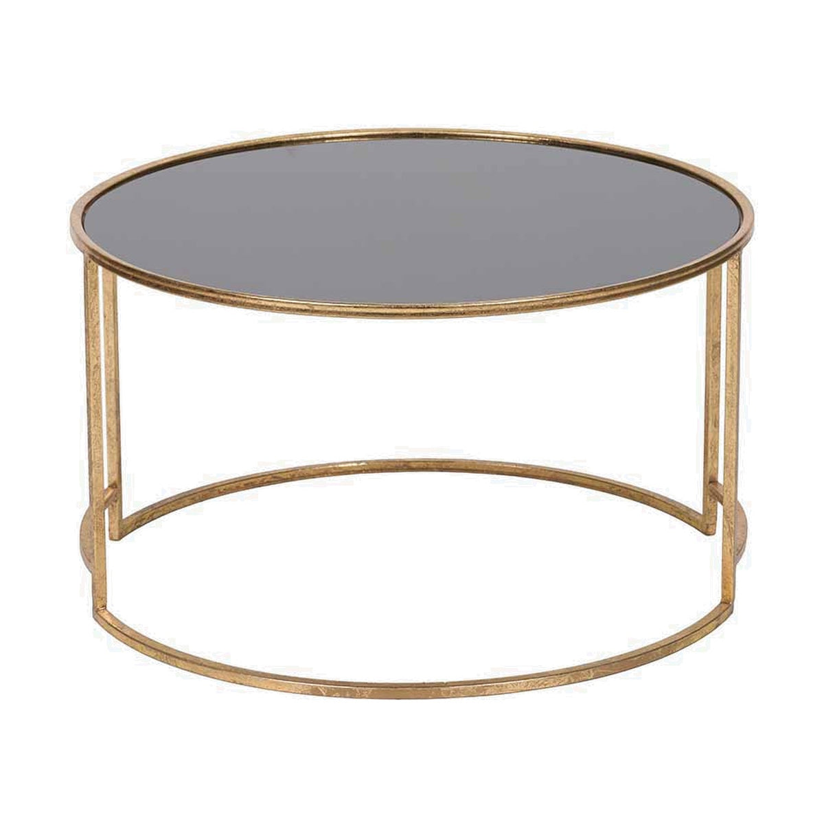 Round coffee table with black glass top and antique gold iron frame, featuring double circular base rings, shown on a plain white background.