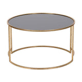 Round coffee table with black glass top and antique gold iron frame, featuring double circular base rings, shown on a plain white background.