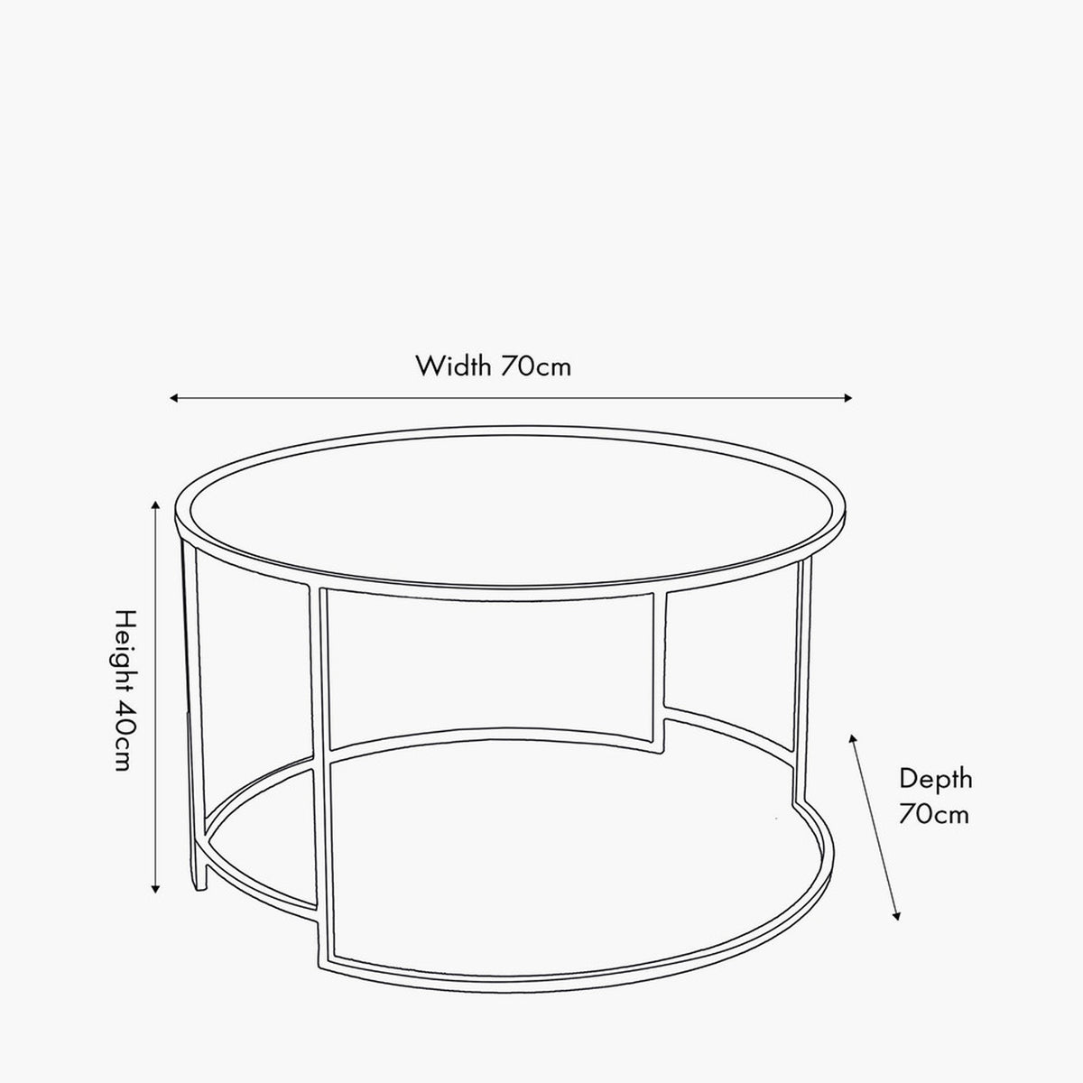Line drawing of the Veneziano round coffee table with antique gold iron frame and black glass top, labelled 70cm width, 70cm depth and 40cm height.