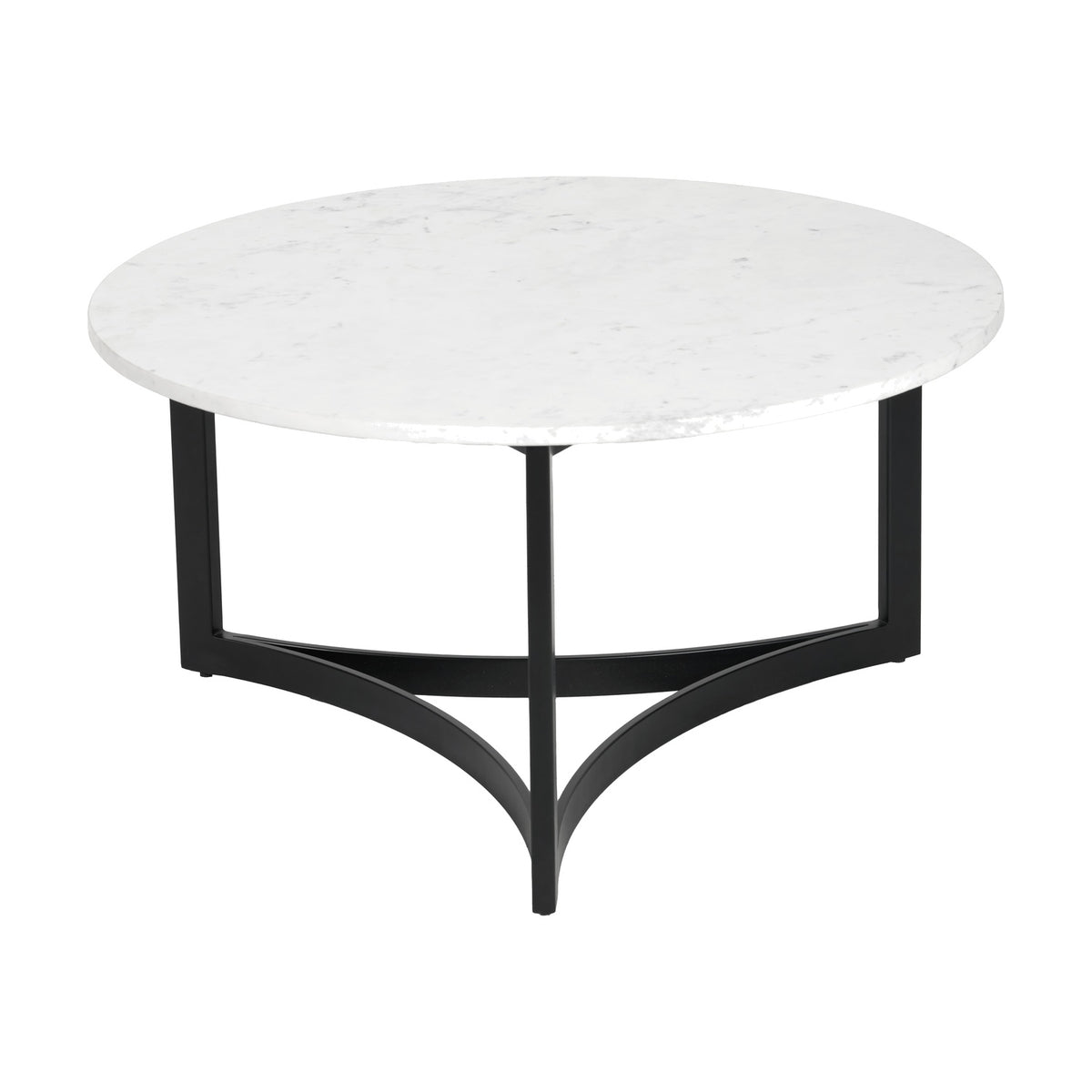Hendrick round coffee table with white marble top and black metal arched base, shown on a plain white background.