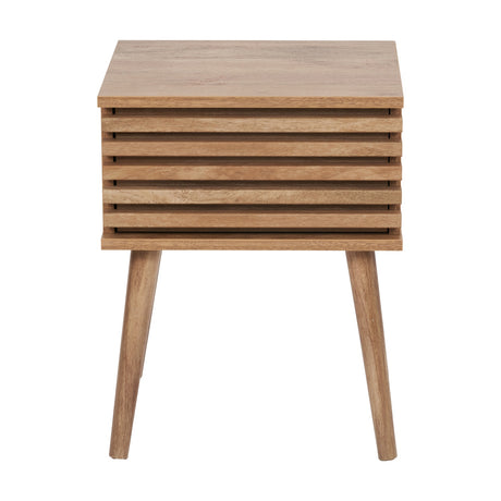 Larvik Eucalyptus Wood 1 Drawer Unit, 51cm, with a slatted drawer front and angled splayed legs in a natural wood finish, shown on a plain white background.