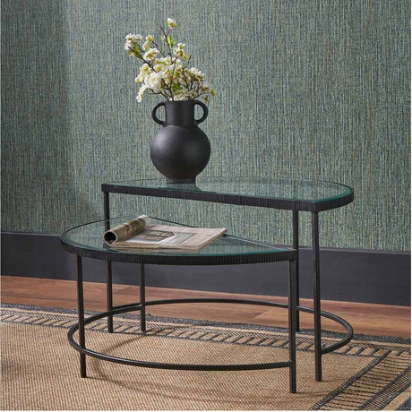 Marazzi Set of 2 Bevelled Glass & Black Metal Half Moon Coffee Tables