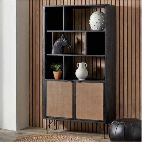 Fiji Black Acacia & Rattan 2 Door 6 Niche Shelf Shelving Unit - 180cm