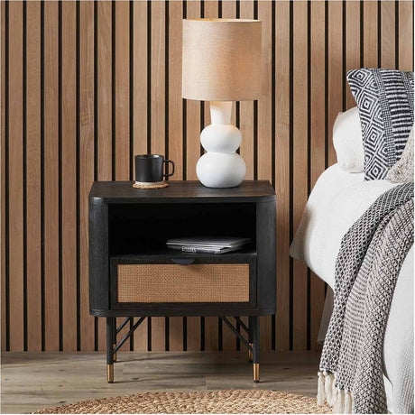Fiji Black Acacia & Rattan 1 Drawer Shelf Shelving Unit - 56cm