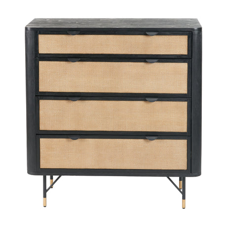 Fiji Black Acacia & Rattan 4 Drawer Unit, 106cm chest of drawers with black wood frame, natural rattan fronts, black handles, and angled metal legs, shown on a plain white background.