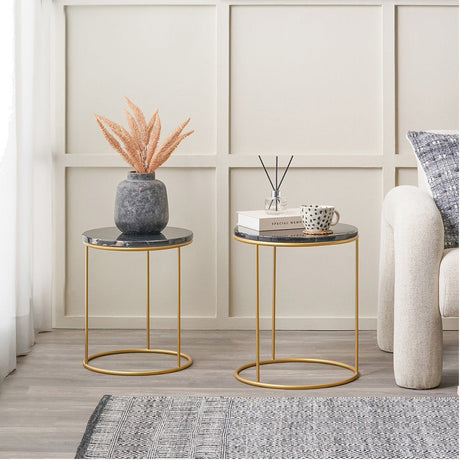 Milly Set of 2 Black Marble & Gold Iron Side Tables - 47cm