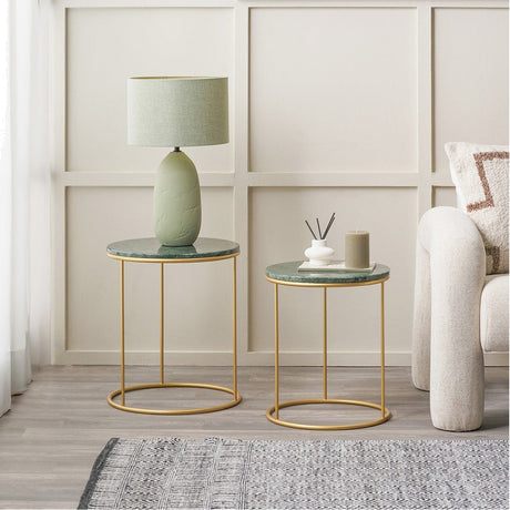 Milly Set of 2 Green Marble & Gold Iron Side Tables - 47cm