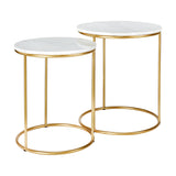 Milly Set of 2 White Marble & Gold Iron Side Tables, round marble tops on circular gold metal frames with ring bases, shown on a plain white background.