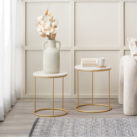 Milly Set of 2 White Marble & Gold Iron Side Tables - 47cm