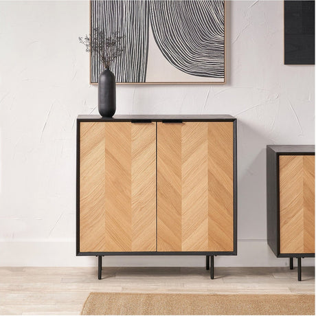 Hailee Black & Chevron Oak & Pine 2 Door Bar Cabinet - 100cm