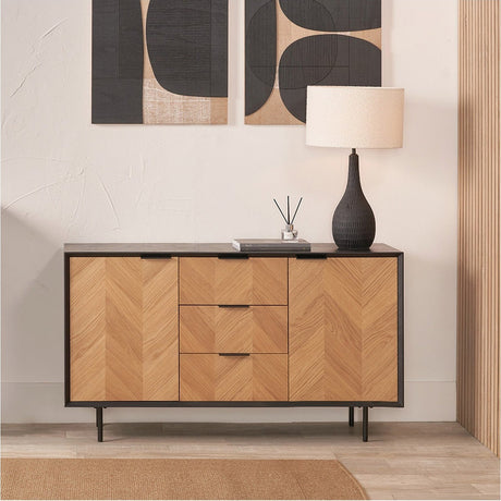 Hailee Black & Chevron Oak & Pine 2 Door 3 Drawer Sideboard - 80cm