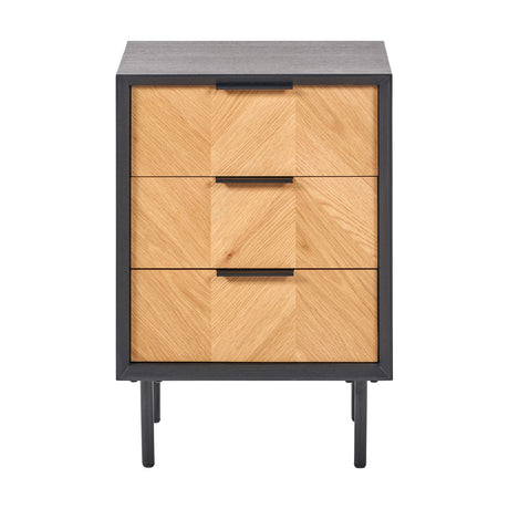 Hailee 3 drawer chest with black frame and angled legs, chevron-patterned oak drawer fronts with black bar handles, on a plain white background.