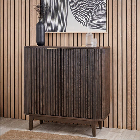 Raie Dark Brown Ribbed Oak & Pine 2 Door Bar Cabinet - 100cm
