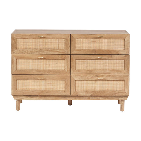 Henrik Rattan 6 Drawer Unit in natural wood with woven rattan drawer fronts, brass handles and tapered wooden legs, shown against a plain white background.