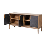 Gio Black & Acacia 4 Door Sideboard with two doors open, showing natural wood interior shelves against black door panels and tapered wooden legs, on a plain white background.