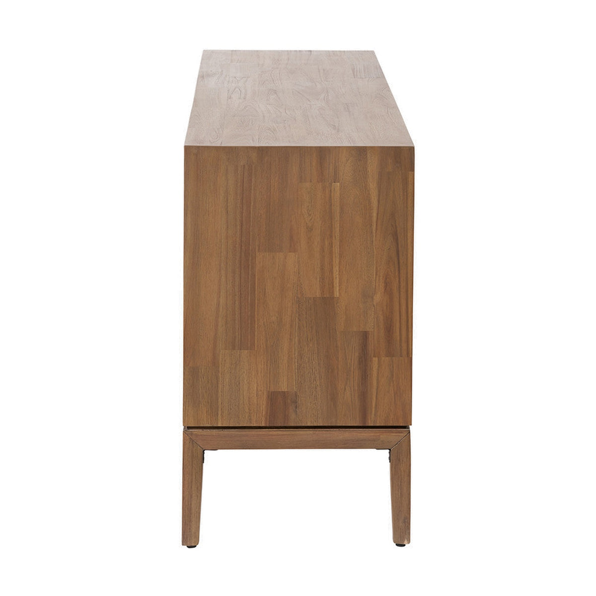 Side view of the Gio Black & Acacia 4 Door Sideboard showing natural wood grain panelling and tapered wooden legs, set against a plain white background.