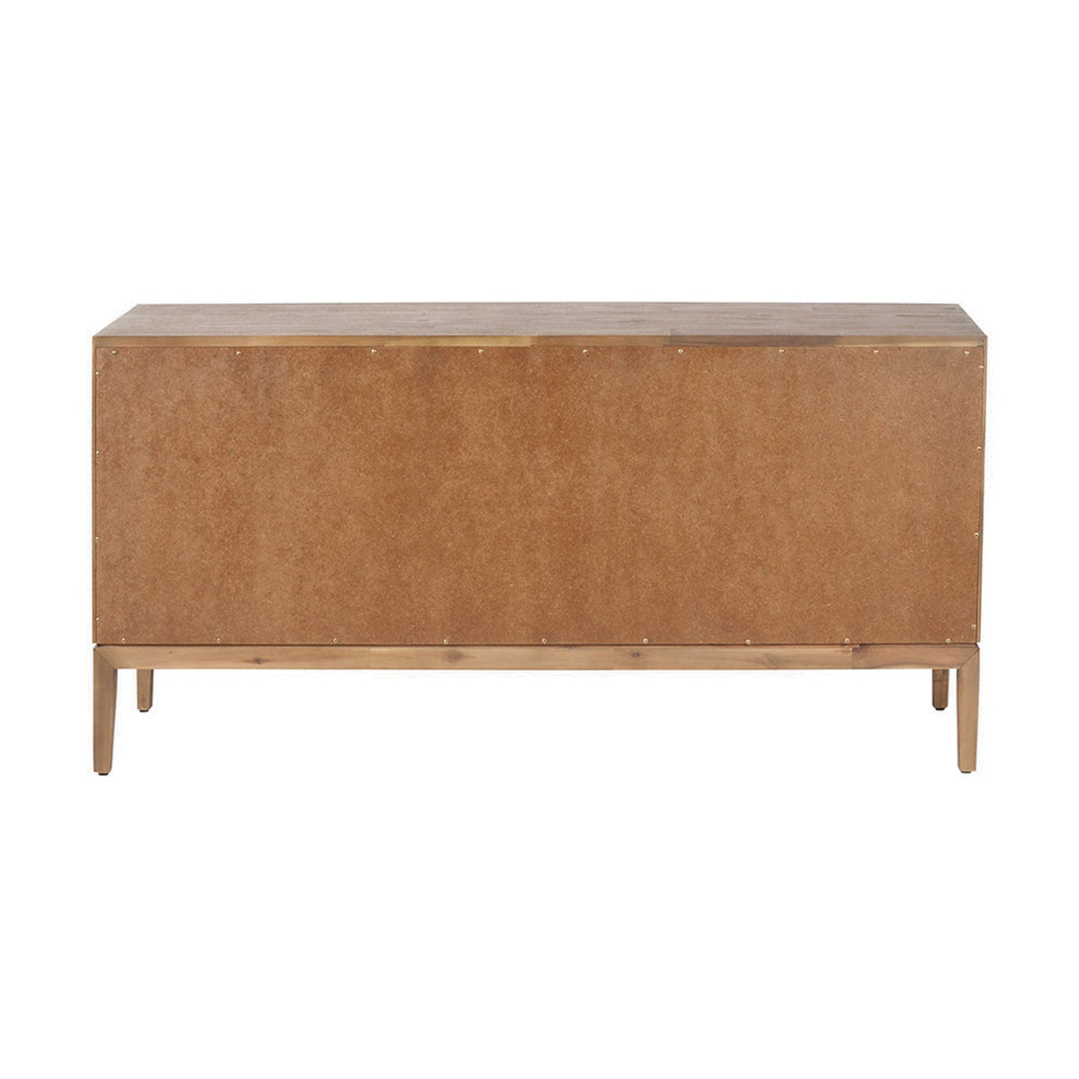 Rear view of the Gio Black & Acacia 4 Door Sideboard showing the plain wood-toned back panel, tapered wooden legs, and brass-finish edging on a white background.
