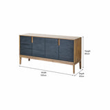 Gio Black & Acacia 4 Door Sideboard with wooden top and tapered legs, shown with dimension labels: 160cm width, 45cm depth, 80cm height, on a white background.