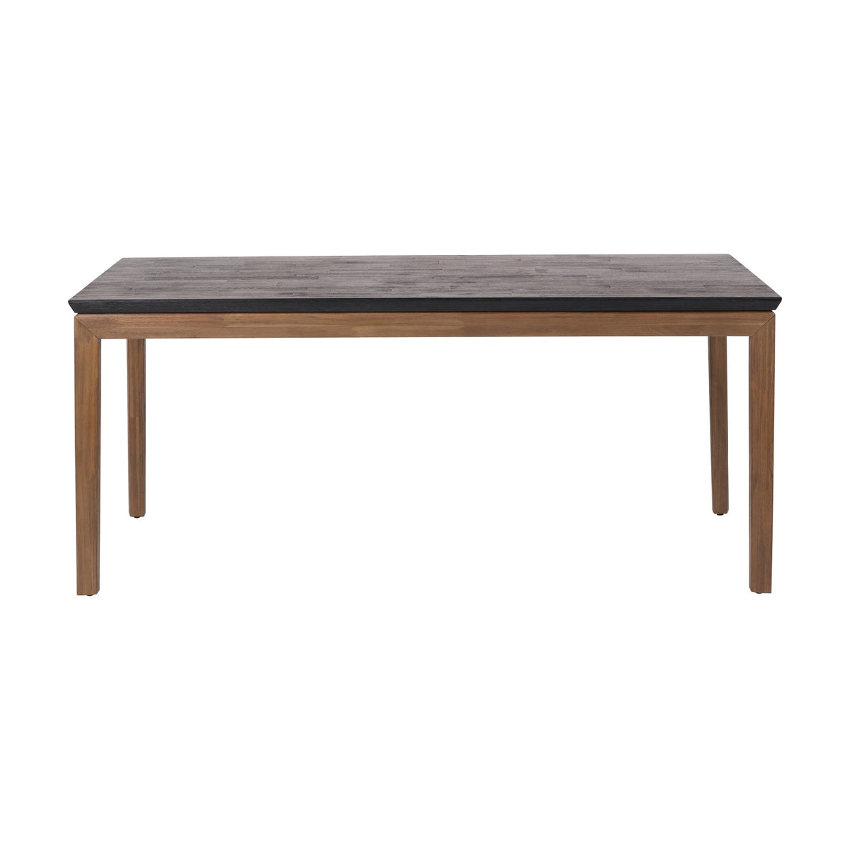 Gio Black & Acacia Dining Table with a rectangular black wood top and natural acacia wood frame with tapered legs, shown on a plain white background.