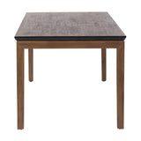Side view of the Gio Black & Acacia Dining Table showing a black wood-grain top with dark edge above straight acacia wood legs, on a white background.