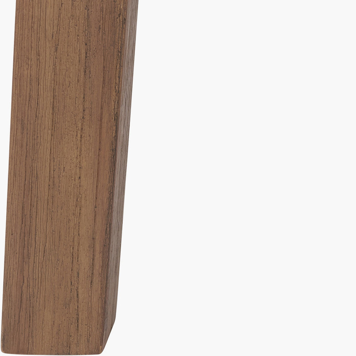 Close-up of a Gio dining table leg in acacia wood with visible grain, tapered square profile, against a plain white background.