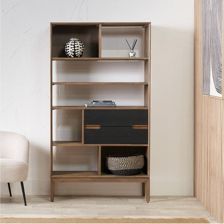 Gio Black & Acacia 2 Drawer, 7 Niche Shelf Shelving Unit - 180cm
