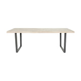 Marca dining table with sand wash acacia wood top and black metal U-shaped legs, rectangular design for 8 seaters, shown on a plain white background.