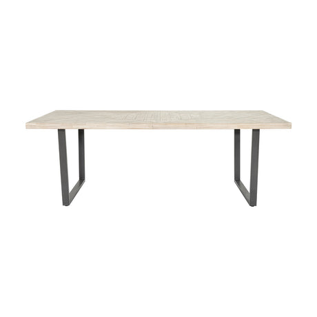 Marca dining table with sand wash acacia wood top and black metal U-shaped legs, rectangular design for 8 seaters, shown on a plain white background.