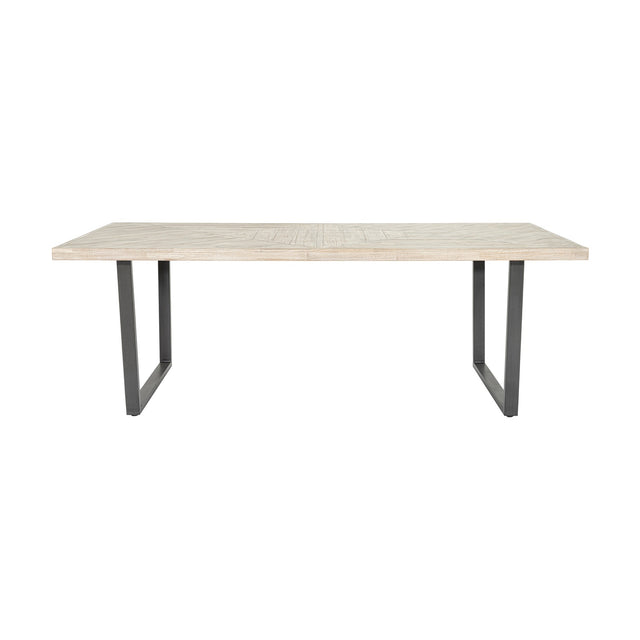 Marca dining table with sand wash acacia wood top and black metal U-shaped legs, rectangular design for 8 seaters, shown on a plain white background.