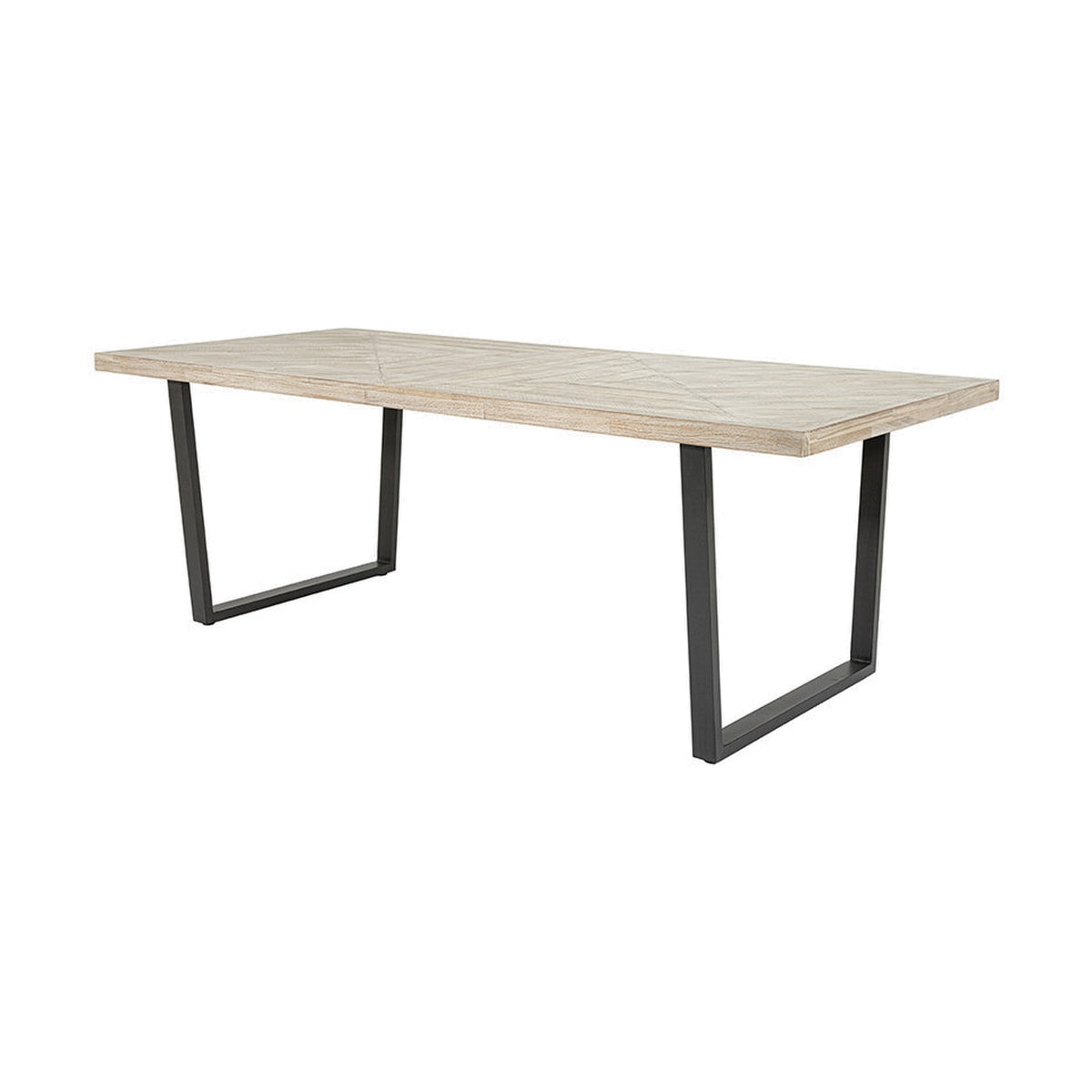 Marca rectangular dining table with sand wash acacia wood top and black metal U-shaped legs, shown on a plain white background.