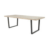 Marca rectangular dining table with sand wash acacia wood top and black metal U-shaped legs, shown on a plain white background.