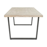 Marca dining table with sand wash acacia wood top in a herringbone pattern and black metal U-shaped legs, shown front-on against a plain white background.