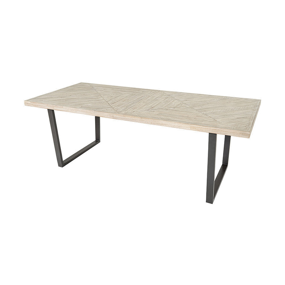 Marca 8 seater dining table with a sand wash acacia wood top in a herringbone pattern, set on angled black metal sled legs, shown on a plain white background.