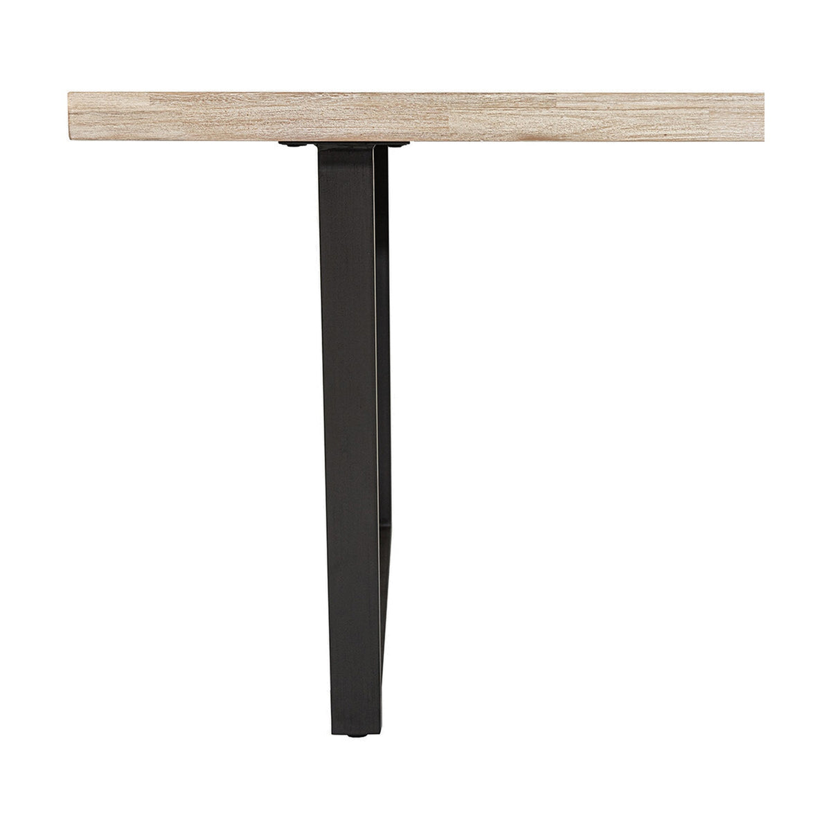Side view of the Marca dining table showing a sand wash acacia wood tabletop with a black metal A-frame leg, set against a plain white background.