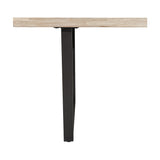 Side view of the Marca dining table showing a sand wash acacia wood tabletop with a black metal A-frame leg, set against a plain white background.